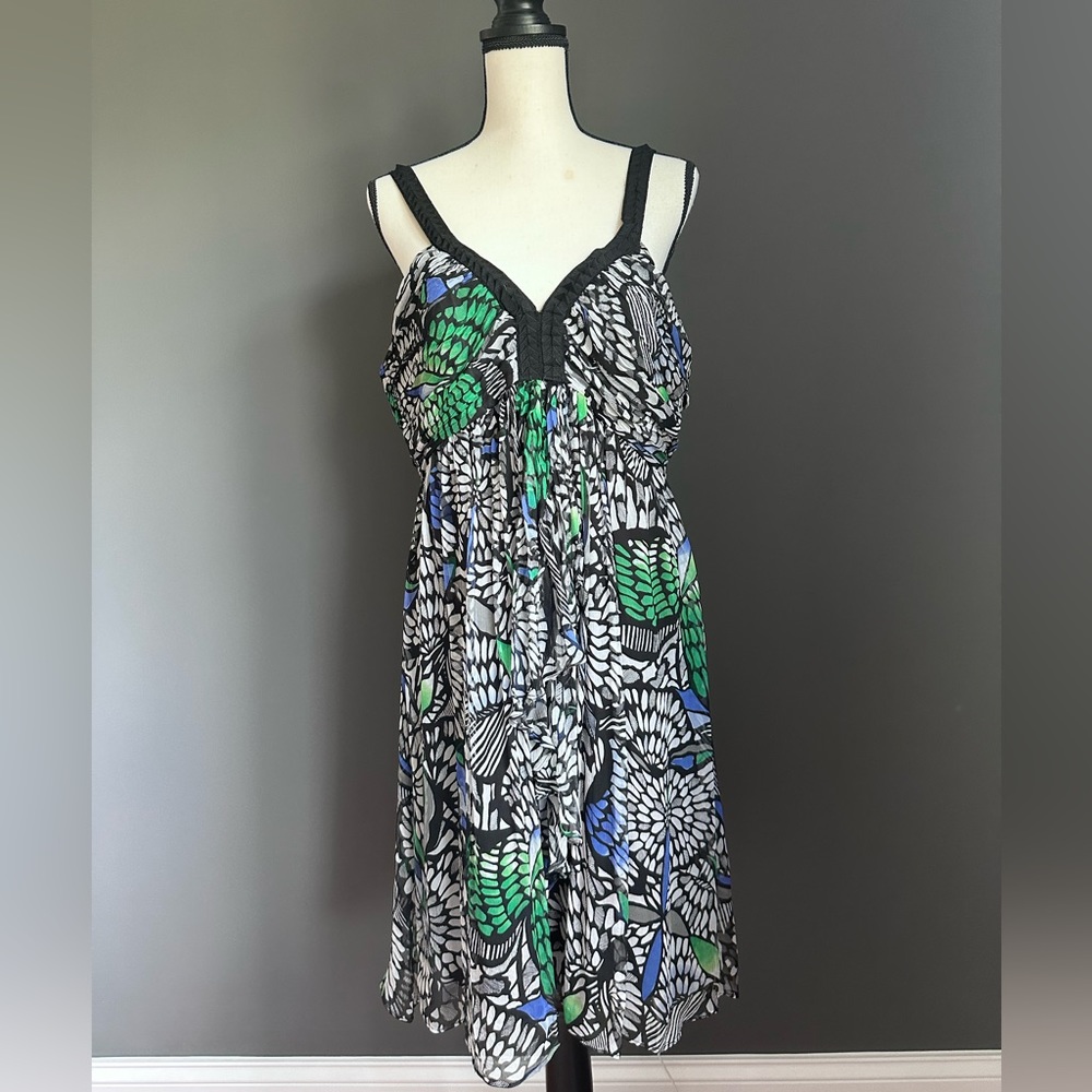 Laundry by Shelli Segal Black Green Blue Print Silk Dress  size 12